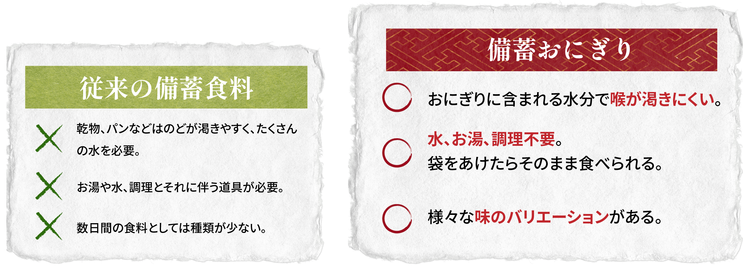 従来の備蓄食料と備蓄おにぎりの比較
