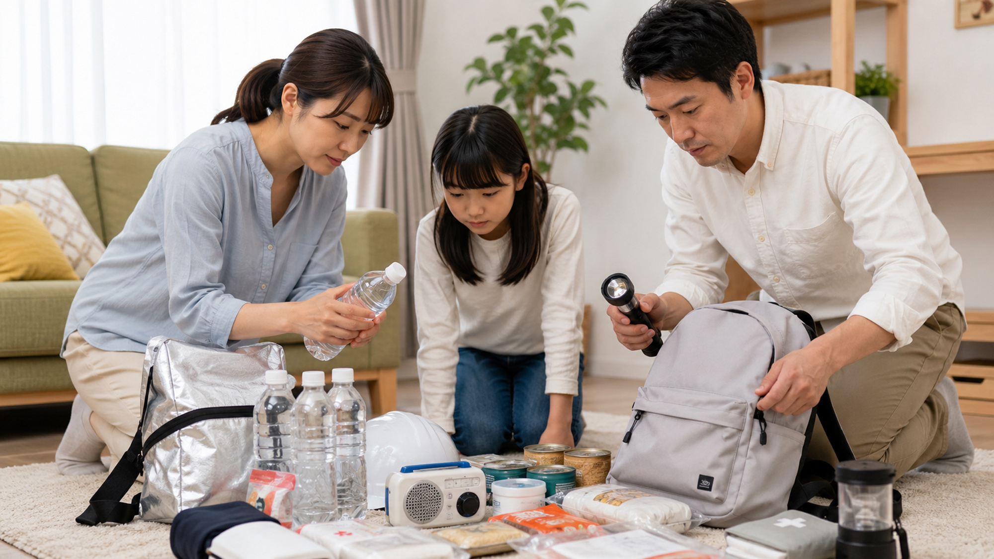 家庭で防災備蓄を準備する様子